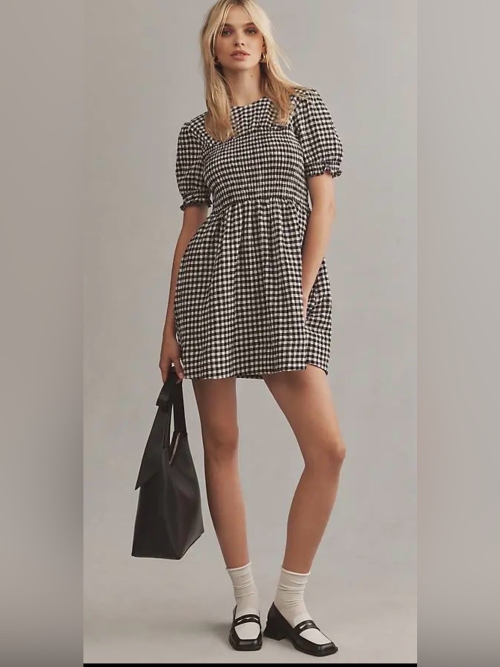 Maeve Anthropologie Gingham Smocked Babydoll Mini Dress Size Medium